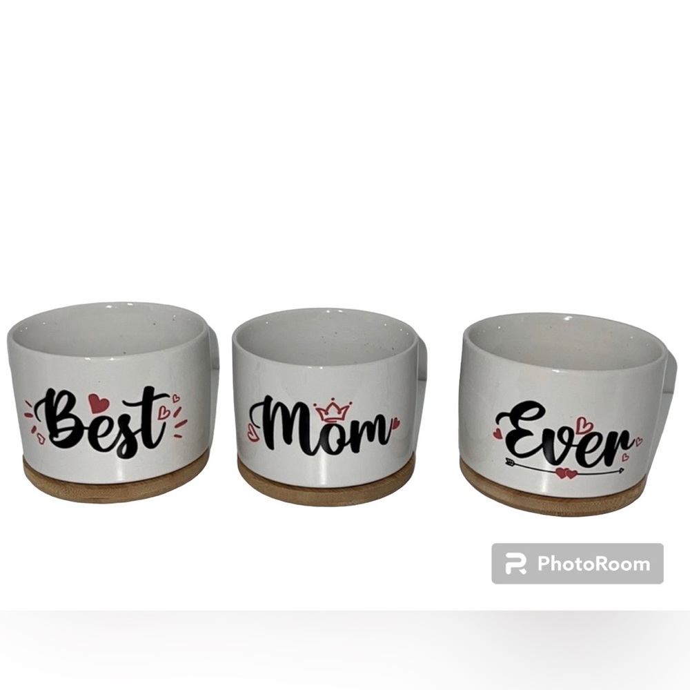 NIB 6 piece ceramic “Best Mom Ever” flower herb plant pots saucers